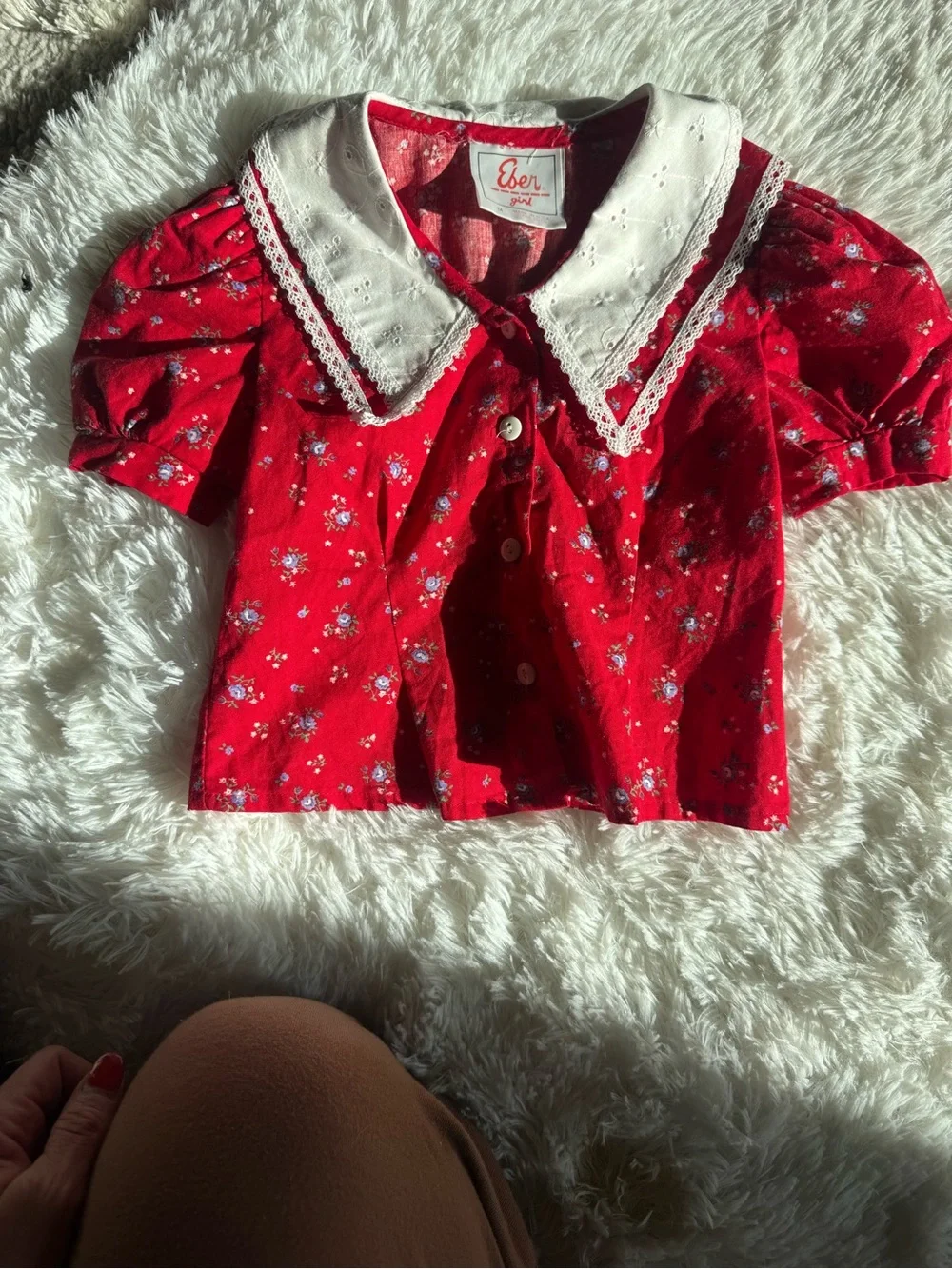 Vintage Eberjey Girl Kids Red Floral Peter Pan Collar Puff Sleeve Blouse Size M
